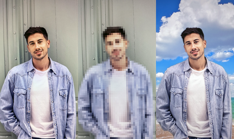 Примеры работы эффекта: оригинал — пикселизация — замена фона